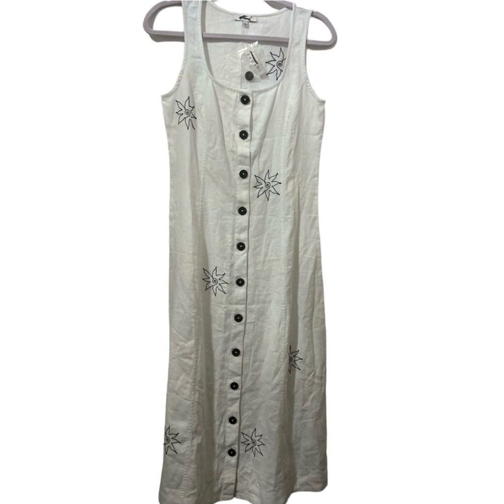Madewell Linen Embroidered Button Front Midi Dress White Black Size 4 NWT - Picture 5 of 7